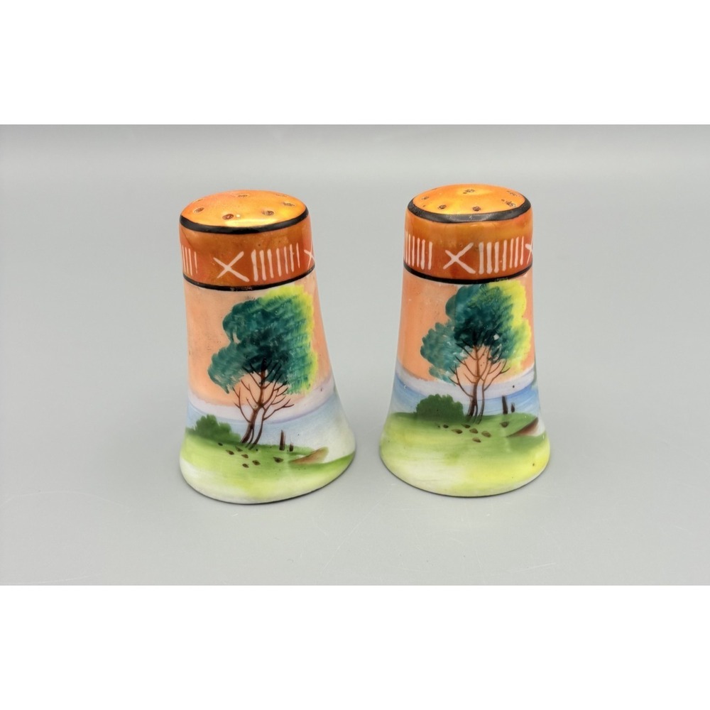Noritake Hand Painted Salt/Pepper Shaker Tree Lake Scene Made in Japan